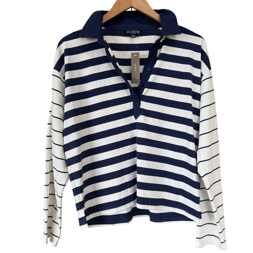 NWT J Crew $79- Navy Off White Cool Relaxed Mixed Stripe Polo Tee M
